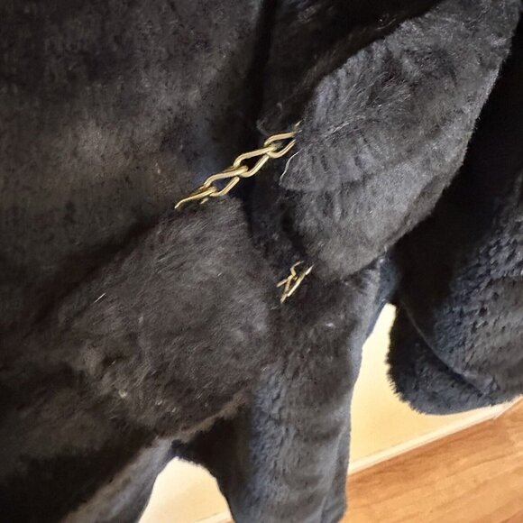 Vintage Womens Black Faux Fur Jacket Fleur de lis Buttons Coat Satin Medium - Picture 9 of 13